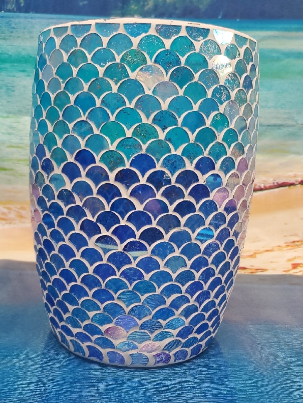 Blue Mosaic Glass Vase - Ocean Scale Pattern